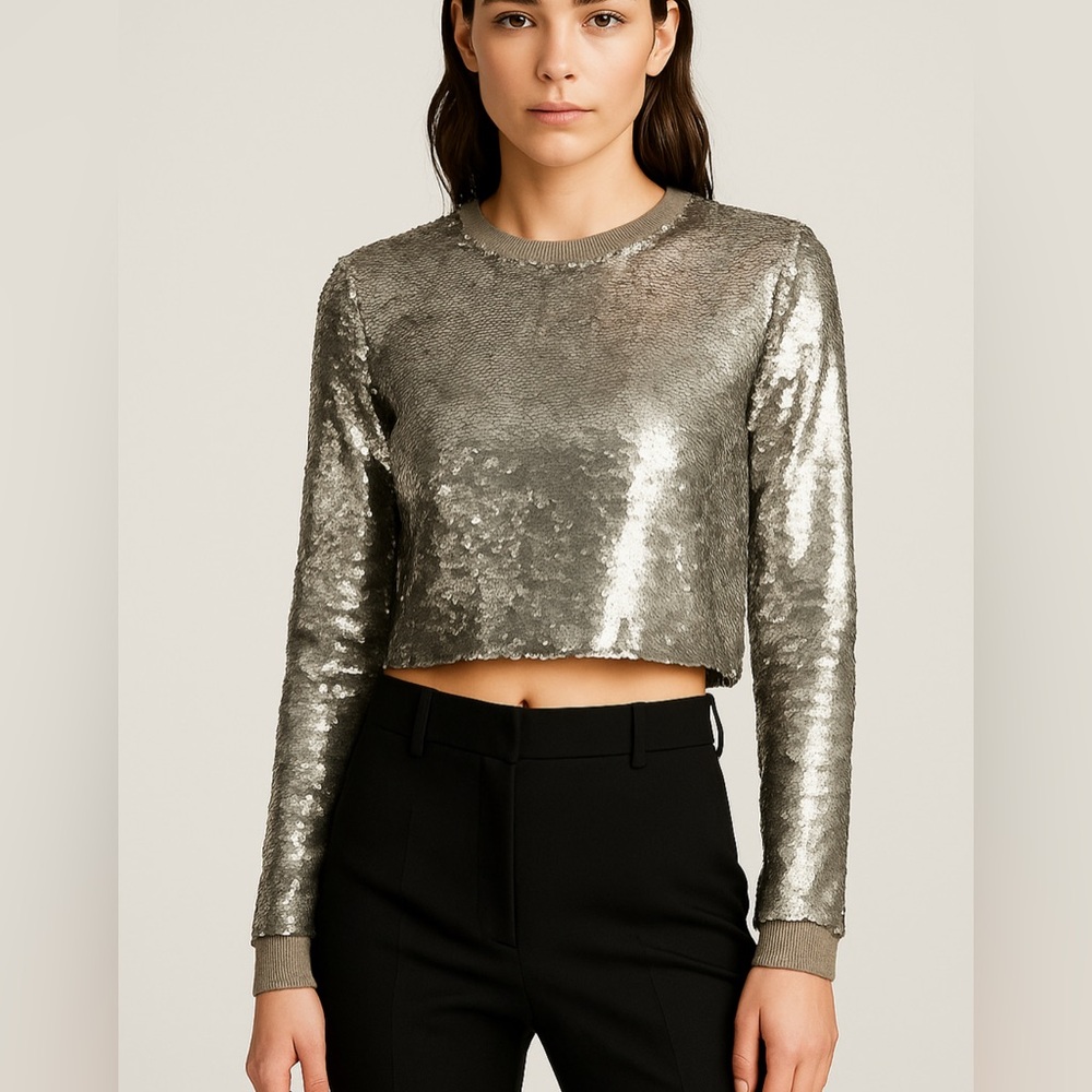 RtA Silver Sequin Long‎ Sleeve oversized Crop Top blouse size small lining